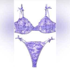 Sheer Lace Embroidered Underwire Bra & Bikini Set - Lavender